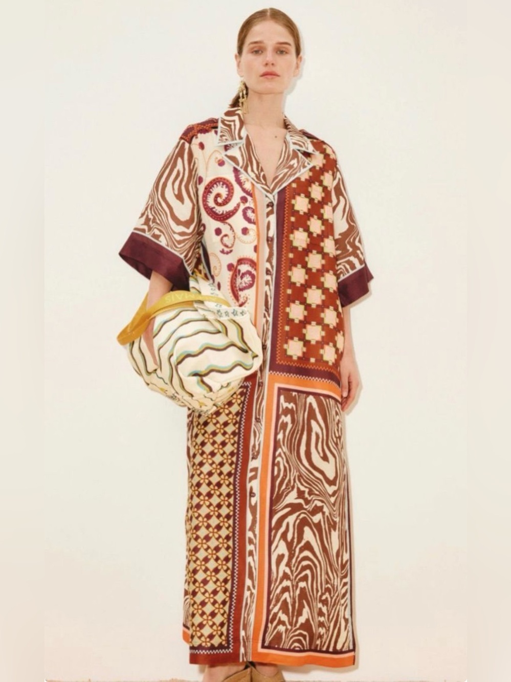 ALEMAIS Wilson Linen Silk Patchwork Maxi Shirt Dress Size 4